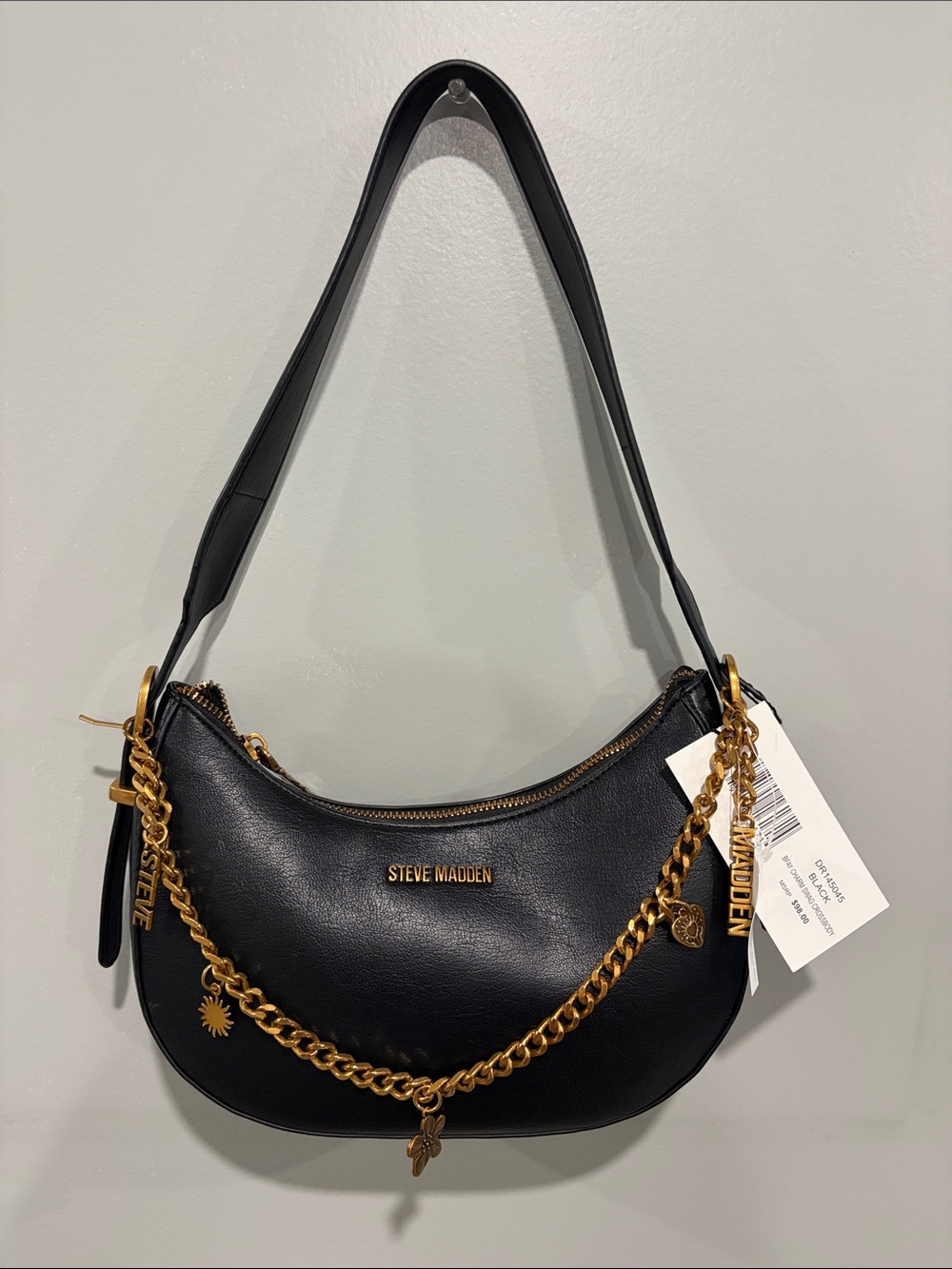 Steve Madden Black Shoulder Bag with Gold Chain Charms